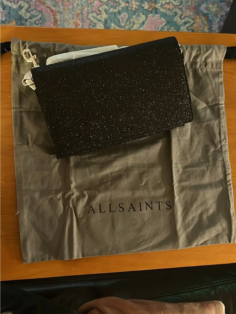 AllSaints Black Glitter Wristlet Clutch with Detachable Strap